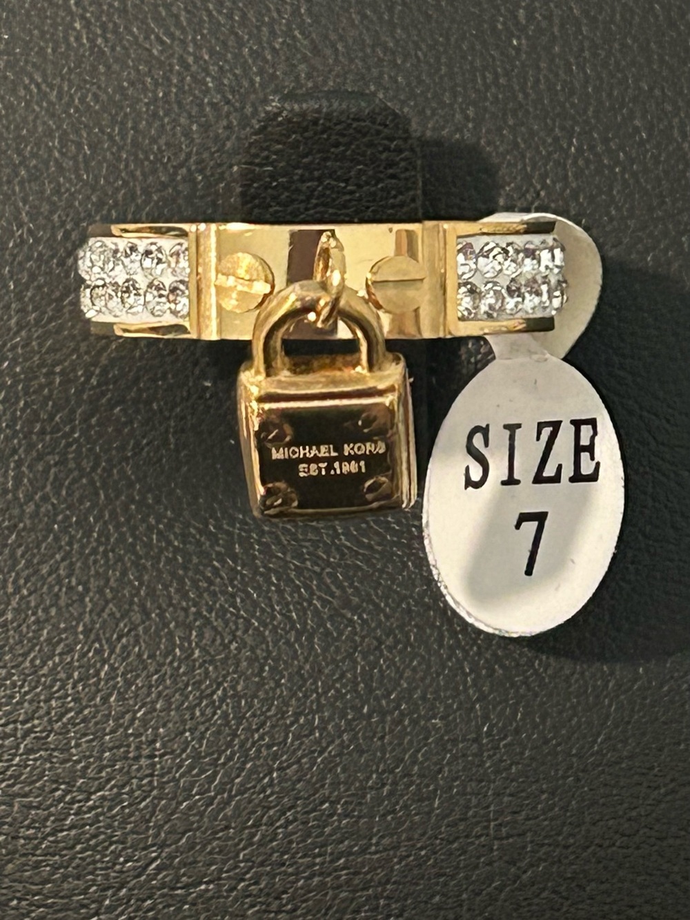 NWT Gold Tone Padlock Ring with Crystal Accents